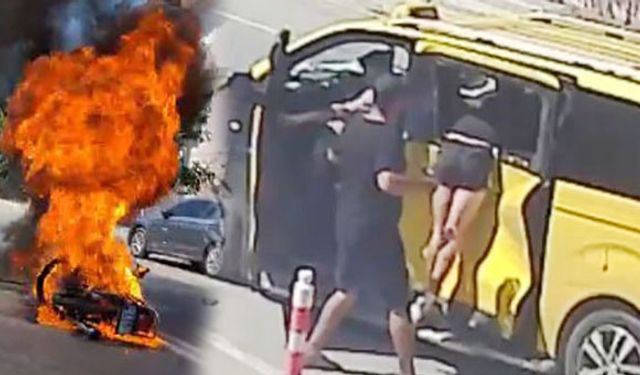 Antalya'da motosikletten fırlayan sürücü taksinin camında asılı kaldı