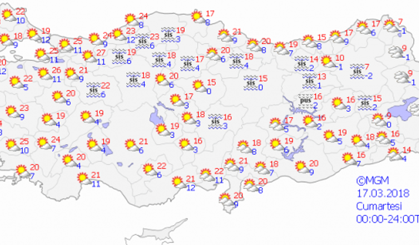 17 Mart Cumartesi günü hava durumu: İstanbul&#039;dan Ankara&#039;ya, Edirne&#039;den Diyarbakır&#039;a, Samsun&#039;dan Adana&#039;ya kadar yurdun her yerinde güneşli bir hava hakim olacak. Baharın resmen start alacağı cumartesi günü ailenizi toplayıp pikniğe gidebilirsiniz.