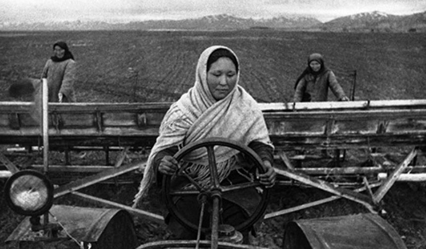 3. Kocaları, kardeşleri Sovyet ordusuyla cepheye gidince, onların yerini doldurmak zorunda kalan Kırgız kadınlar. (1942)